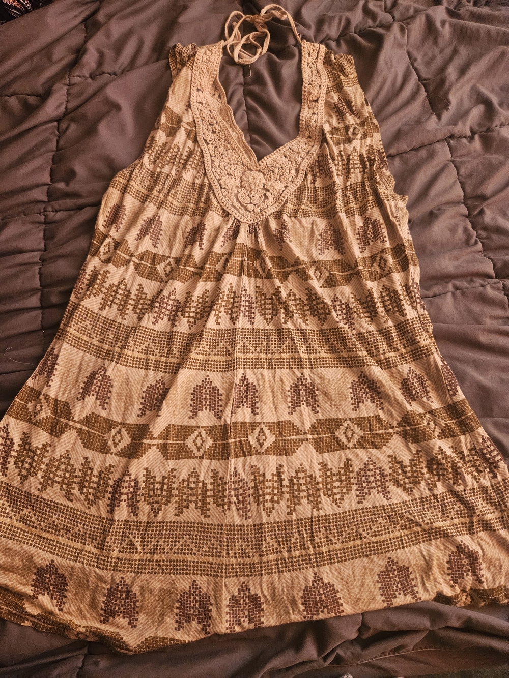 Boho Crochet-Trim Sleeveless Tank Top - Brown/Cream